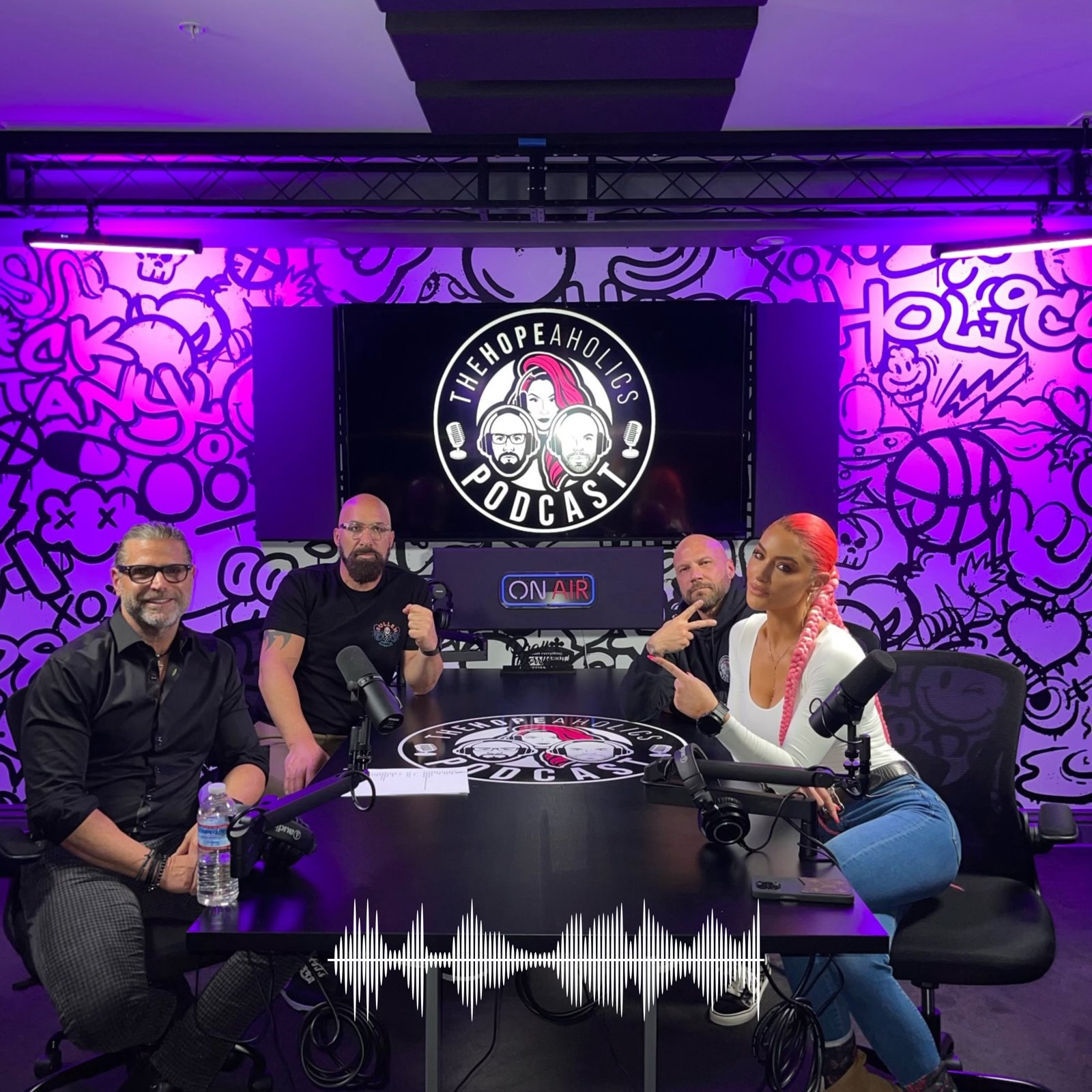 Bart Zandbergen with the hosts of The Hopeaholics Podcast in studio